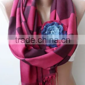 Burgundy Shawls With Rose, Plaid Pattern Scarf, Crochet Rose, Fashion Scarf, Plaid Pattern Scarf, Elegant, Bridesmaid Shawls, We thumbnail-5