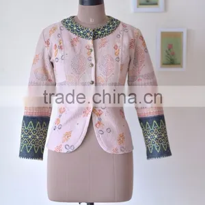 Handmade Boho Jacket With Embroidery, Made of Kantha Fabric ~ Large thumbnail-2