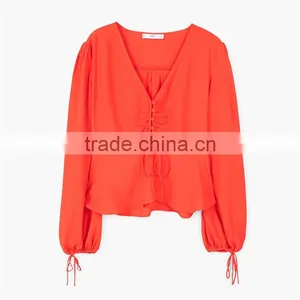 2017 Newest Style Factory Directly Produce Flowy Fluted Hem Button Front Blouse thumbnail-2