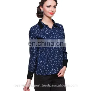 BLUE PRINTED SHIRT WITH CONTRAST COLLAR AND CUFF DESIGNER TOP LADIES NEW DESIGN FASHION TOP thumbnail-3