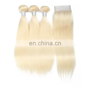 Remy Hair Color 613 Blonde Brazilian Hair Closure and 3 Bundles thumbnail-2