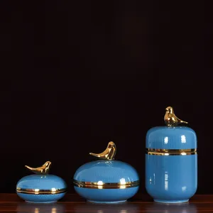 American Nordic Simple Gild Bird Hand Made Blue Black Ceramic Vase For Living Room thumbnail-1