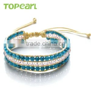 Topearl Jewelry Turquoise and Crystal Bracelet Woven Leather Wrap Bracelet for Women CLL177 thumbnail-1