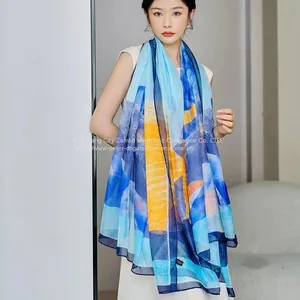 Beach Silk Scaves Moire Sunscreen Scarf Square Scarf Flowers Paintings High Quality thumbnail-4