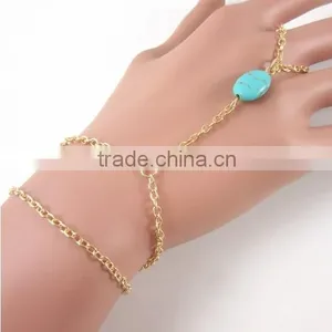 Turquoise Stone Gold Chain Finger-Bracelet Slave-Bracelet Hand Jewelry thumbnail-2