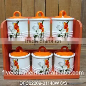 Chinese Ink Decal Ceramic 6pcs Canisters Set With Wood Stand thumbnail-1