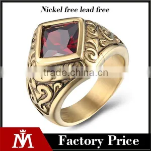 Vintage Cubic Zircon Engrave Antique Gold 316L Stainless Steel Rings Band for Men thumbnail-1