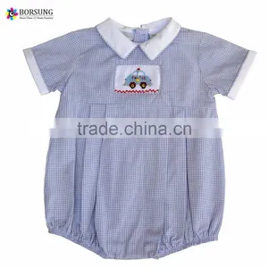 New Design Blue Lattice Baby Romper High Quality Cotton Cartoon Embroidery Boys Romper thumbnail-1