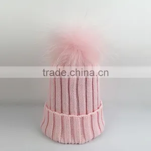 Myfur Baby Pink Removable Real Dyed Raccoon Fur Pom Poms Crochet Hat thumbnail-1