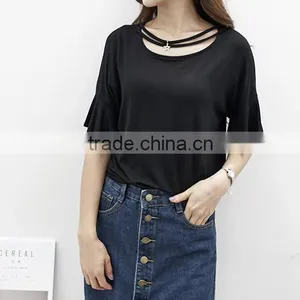 Summer 2017 Han Edition Round Neckline Necklace Lotus Leaf Sleeve Loose Pure Color Short Sleeve T-shirt Bertha thumbnail-1