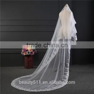 2017 Wholesale New Long Tulle Wedding Bridal Veils TwoTiers Tulle Cathedral Bridal Veils thumbnail-3