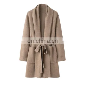 100% Knitted Mid-Length Cashmere Sweater Cardigan Inner Mongolia Plus Size Coats Front Logo Solid Pattern Winter Season Pocket thumbnail-6