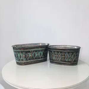 Set of 2 Vintage Embossed Oval Metal Planter Tubs, Distressed Patina Dark Green‑Blue Decorative Flower Trough With Pattern for Farmhouse Home Decor thumbnail-1