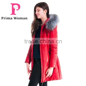 New 2016 Women Winter Leather Jacket Medium Length Slim Fit Coat With Brown Fox Fur Hat Overcoat thumbnail-3