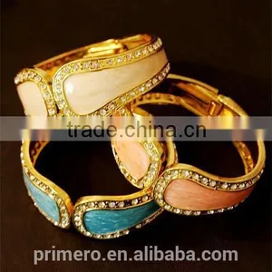 Exaggerate Cuff Bangles Gold Plated Metal Glaze Rhinestones Statement Bracelets thumbnail-6