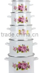 Best Quality Pink Floral Print Healthy White Enamel Cookware Set Kitchenware Two Side Elegant Flower Decal Enamel Pot 5 Pcs Set thumbnail-1