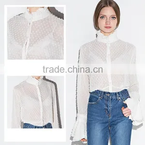Lady's Long Sleeve Stand Collar Transparent Chiffon Blouse thumbnail-3