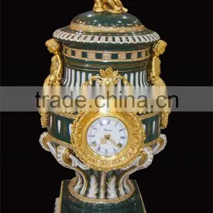 Exquisite Flower and Bird Design Ceramic and Brass Table Clock, Elegant Embedded Urn Jar Table Clock thumbnail-5