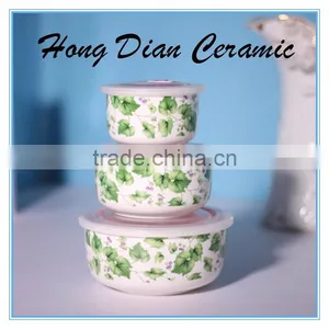 3pcs Set Salad Bowl With Lid, 3pcs Ceramic Bowl Set With Plastic Lid thumbnail-1