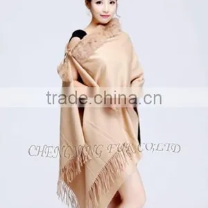 CX-B-P-34C Fur Trimmed Cape Fashion Cashmere Scarf thumbnail-2
