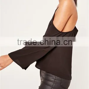 MGOO 2017 Chiffon Cold Shoulder Blouse Long Sleeves Shirts Blouses Polyester Spandex Black Loose Style thumbnail-4