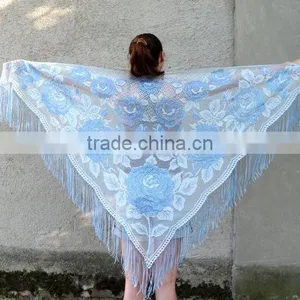 Metallic Lace Shawl, Long Fringe Scarf, Floral Scarf, Summer Shawl, Silver Shawl, Shawl With Roses thumbnail-1