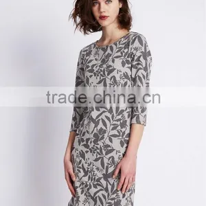 3/4 Sleeve Bird Print Jacquard Tunic Dress thumbnail-1