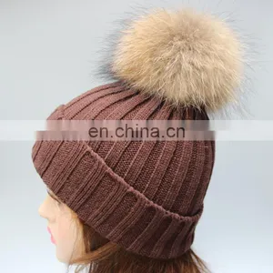 Wholesale Latest UK Style Acrylic Crochet Hat With Raccoon Fur Poms Knit Hat thumbnail-3