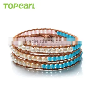Topearl Jewelry Fashion Potato White Freshwater Pearl and Malaysian Jade Bracelet Woven Leather Wrap Bracelet Jewelry CLL168 thumbnail-1