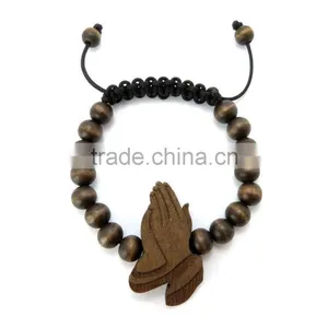 Good Quality Wood PRAYING HANDS Pendant Adjustable Hip Hop Wood Bracelet thumbnail-3