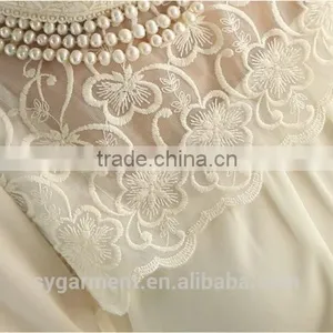 New Women Long Sleeve Render Unlined Upper Garment Sheer Lace Floral Chiffon Blouse White Pearl Collar Tops thumbnail-4