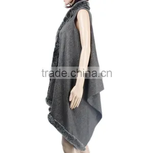 New Production Cashmere Cape With Fur Trim Rabbit Fur Trim Fur Shawl KZ150097 thumbnail-4