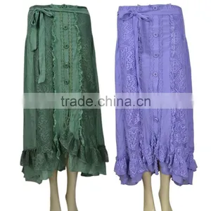 Pom Pom Lace Maxi Skirts Elegant Women Linen Blend Cotton Lace Fabric Crochet Skirts thumbnail-1