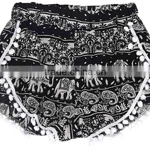 Vintage Bohomian Hippies Gypsy Girls Womens Pom Pom Trimming Shorts Elephant Ethnic Cotton Printed Ladies Viscose Beach Casual thumbnail-1