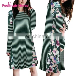Autumn Latest Design Printing Floral Green Long Sleeve Casual Loose T-Shirt Dress thumbnail-3