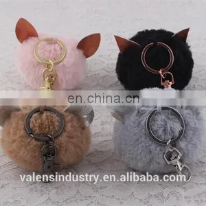 Hot Selling Custom Wholesale Cat Ears Faux Fur Pom Poms Ball Keychain Pom Pom Keychain for Woman Cellphone/handbag/hats/Car thumbnail-1