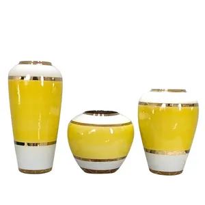 Electroplate Light Luxury Chinese Style Large Yellow Ceramic Flower Vase For Study Decor thumbnail-5