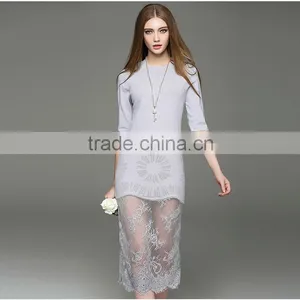 2017 Hot New Lady Hollow Knit Dress Half Sleeve Slim Hip Long Lace Dress With Lace Hem thumbnail-1