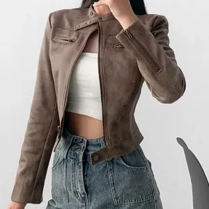 American INS High Street Retro Short Slim Motorcycle Jacket for Women in 2025 Autumn Vintage Color Leather Jacket and Suede Jacket thumbnail-4