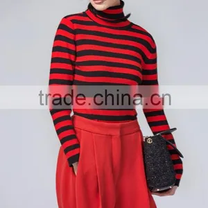 JS--11016B Have Three Colors In-stock Turtle Neck Striped Women Knit Sweater thumbnail-1