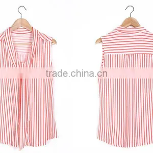 Lady Fashion Pink Striped Printed Tie Sleeveless Tops thumbnail-5