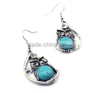 New Arrival Fashion Bohemia Owl Silver Plated Turquoise Pendant Alloy Earrings thumbnail-5