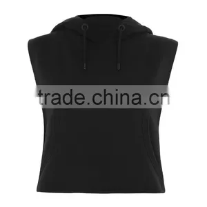 Cropped Top Hoodie Women Sleeveless Plain Dyed Black Cropped Hoodies Wholesale Custom Made thumbnail-1