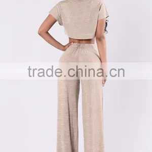 Jump Suit 100 % Polyester Sleeve Crewneck Cropped Length Sweater Knit Top And Wide Leg Pants Women Slim Fit Suits thumbnail-4