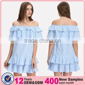 Off Shoulder Design Woman Summer Fashion Striped Blue Short Falbala Dress thumbnail-1