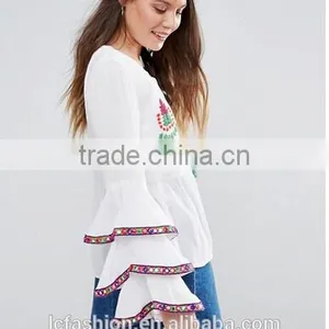 New Designs Fashion Hot Sale Boho Blouse Embroidered Layered Sleeve Women Tops Blouse thumbnail-5