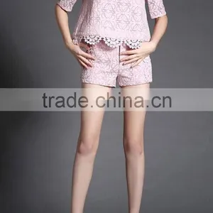 Latest Women Fasion Lace Suit Short Sleeve Crop Top and Shorts thumbnail-2