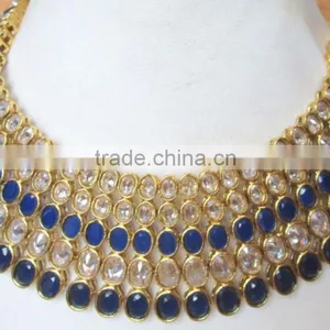 Polki Crystal Sapphire Blue Necklace Jhumka EARRING Bridal Set thumbnail-5