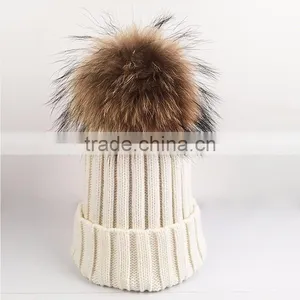 Myfur Fluffy Real Raccoon Animal Fur Pom Pom Knitted Beanie Hat for Adult Couple Cap thumbnail-1