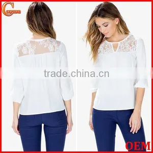 Crew Neck Long Sleeves Fashion Lace Blouse With Keyhole Front thumbnail-1